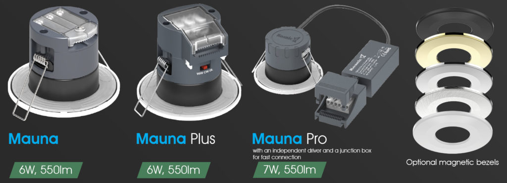 The full range of Mauna downlights with optional bezels.