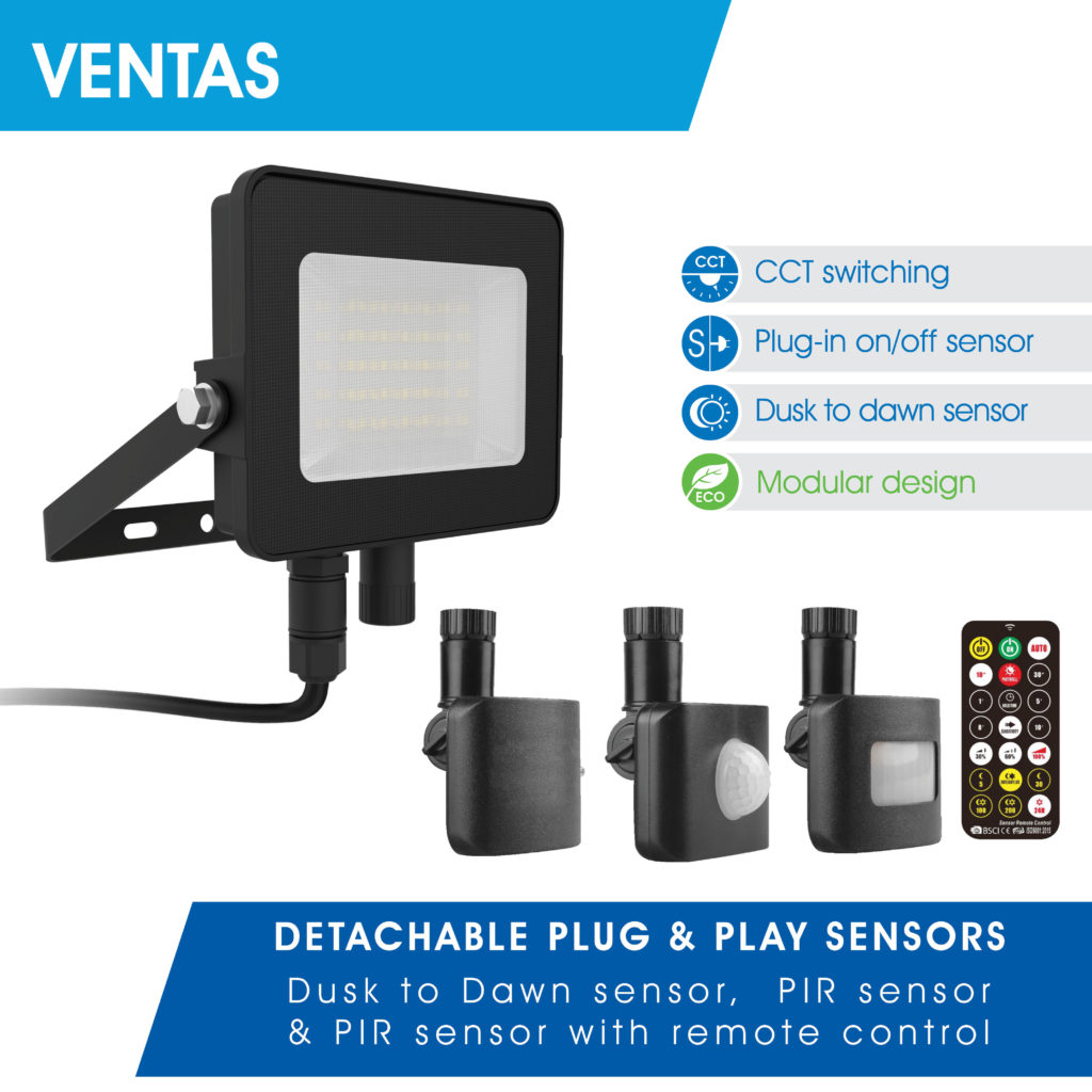 Kosnic LED floodlight, the Ventas, a CCT switching luminaire with multiple sensor options.